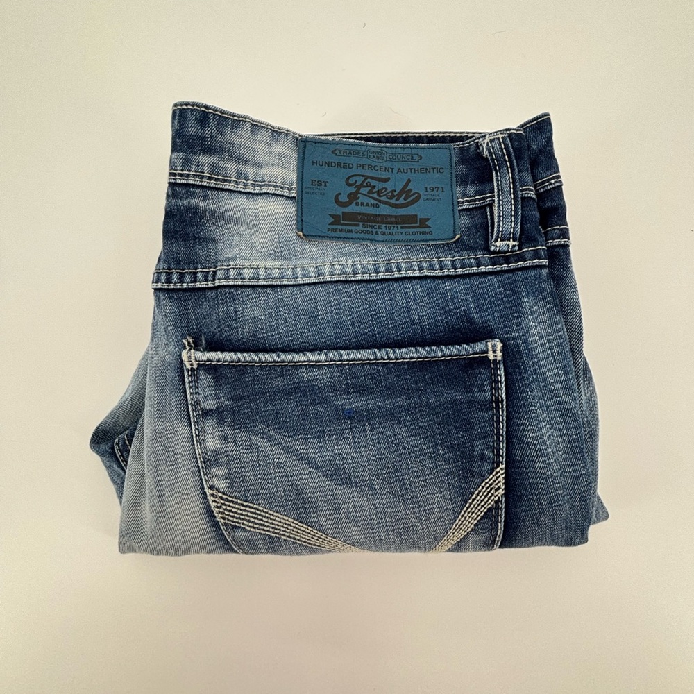 The Fresh Brand JEFF Jeans Mens 34x32 Distressed Straight Blue Denim Camo Lined